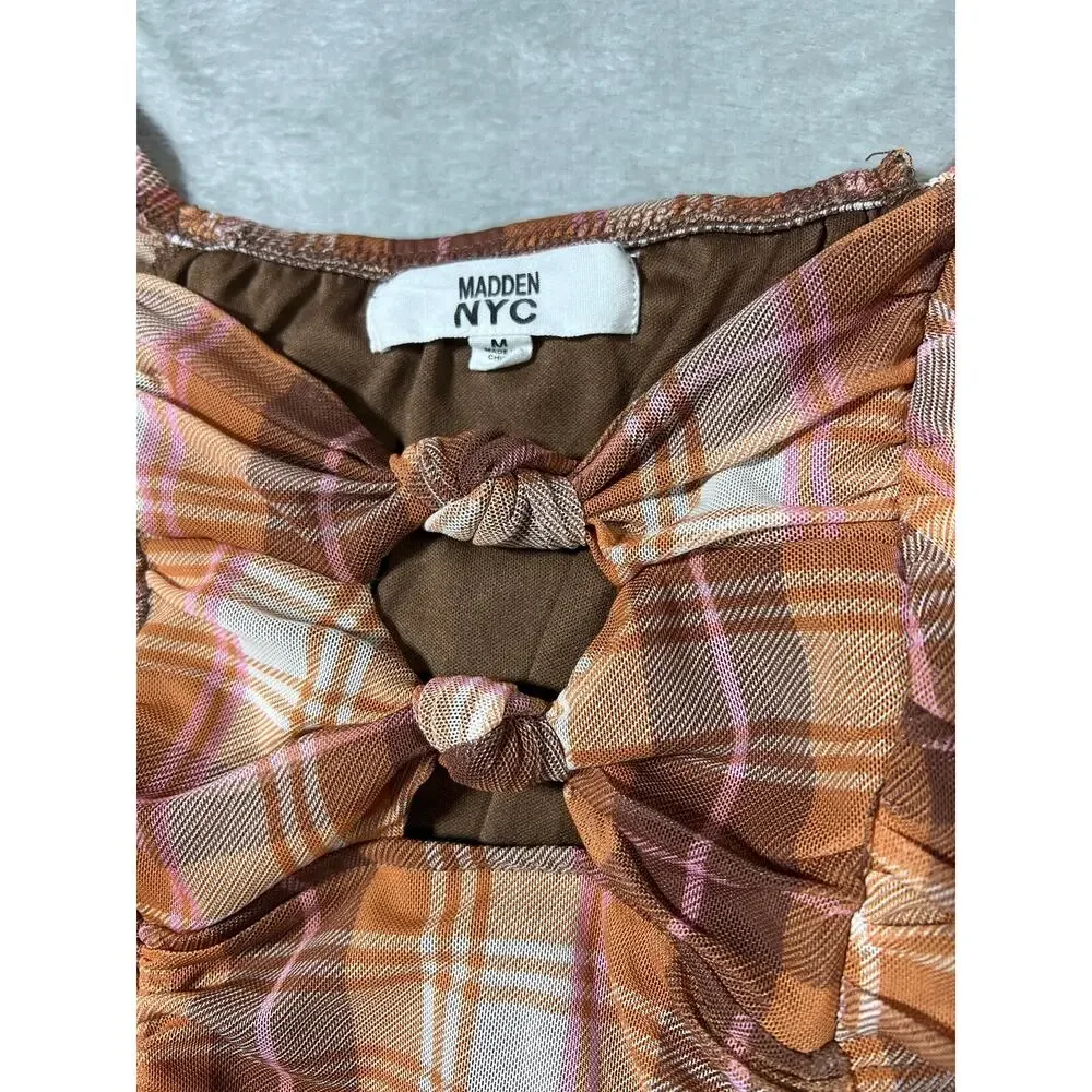 Y2K Checkered Brown Plaid Ruched Bodycon Mini Dress Puff Sleeve Medium - Picture 7 of 9